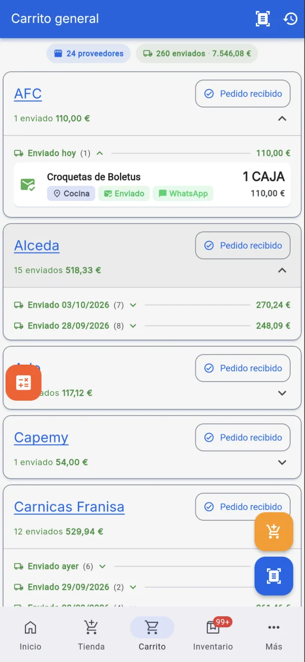 Carrito general de Central de Compras: 24 proveedores, 260 pedidos enviados por 7.546,08 € y los pedidos agrupados por proveedor con el botón Pedido recibido