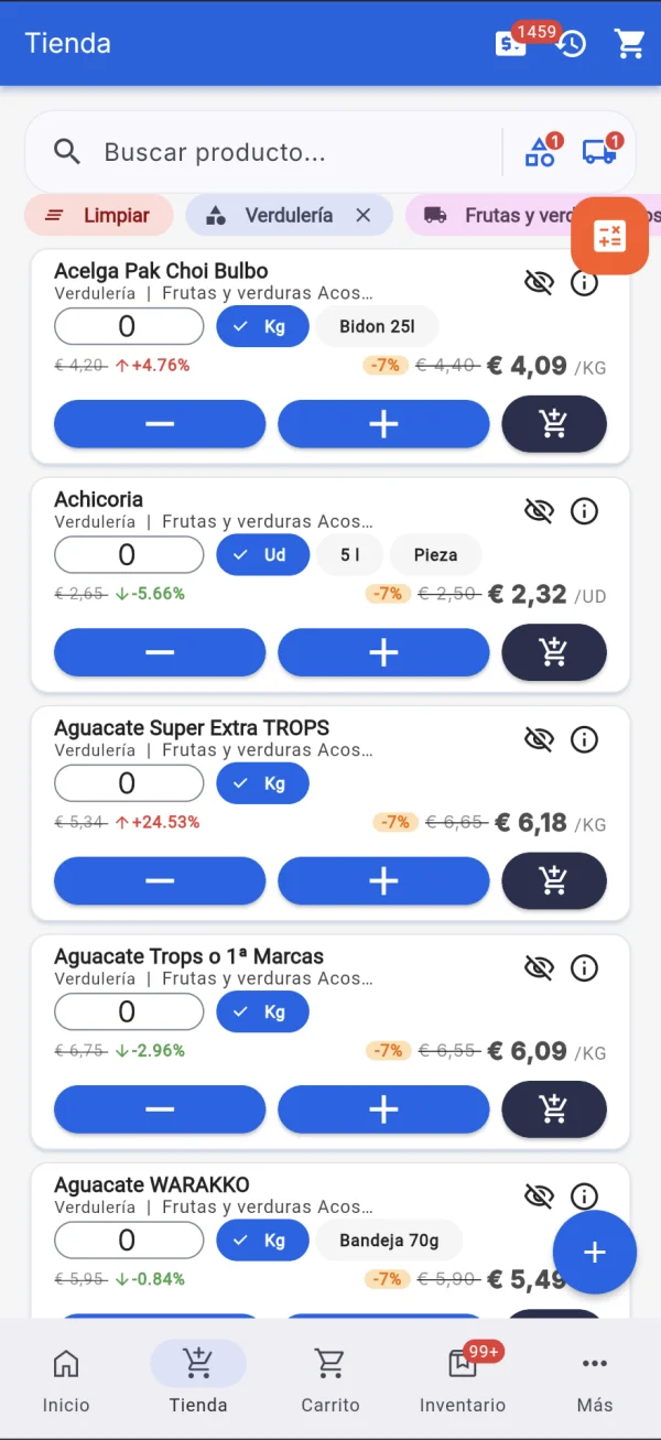 Tienda de un proveedor en Central de Compras: productos con su precio, cambios de precio como +4,76 % o −7 %, selector de unidad y botón para añadir al carrito